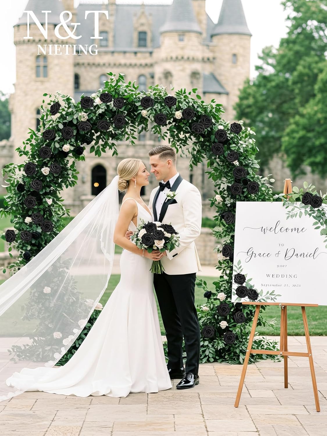 N&T NIETING Artificial Flowers Black Rose 25pcs Real Touch Flowers Perfect for for DIY Bouquets Wedding Party Baby Shower Home Halloween Decoration