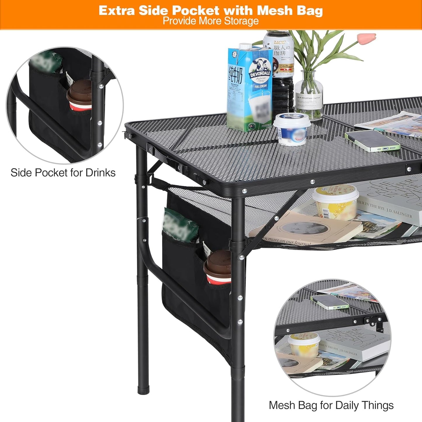 REDCAMP 36x24 Folding Grill Table for Outside, Lightweight Portable Metal Aluminum Outdoor Grill Table with Adjustable Height Legs, Great for Camping Picnic Cooking BBQ, Black 3ft