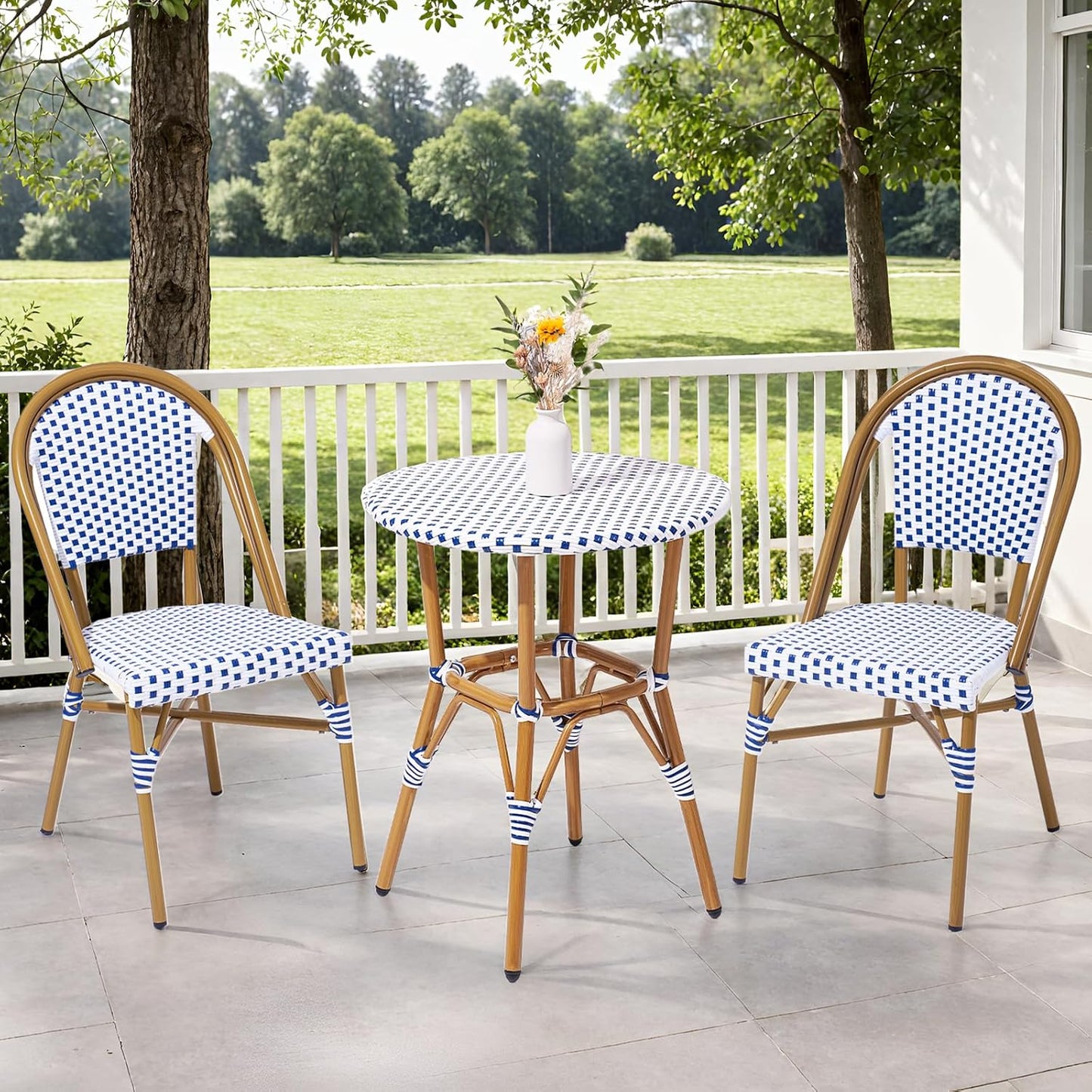 3 Piece French Wicker Bistro Set, Patio Bistro Set with Table and 2 Dining Chairs, All Weather ‎Outdoor ‎Bistro Set with Aluminum Frame, Outdoor Patio Set for Patio Porch Cafes Yard, Navy and White