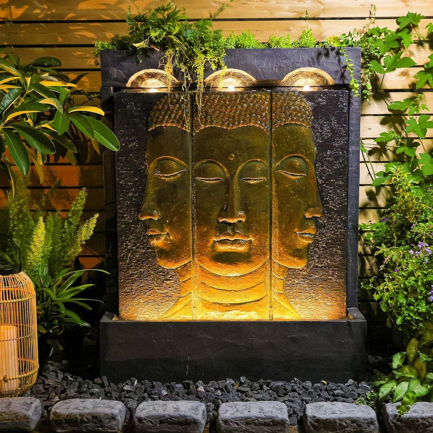 Zen Buddha Outdoor Fountain - Large Indoor Water Fountains Waterfall with Planting Groove Wall Water Feature for Garden Patio Backyard Deck Lawn Home Decor, 45 inchesTall, Gold
