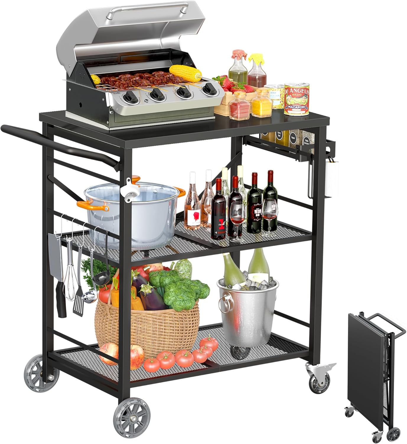 Ciokea Folding Outdoor Grill Cart with Wheels, 3-Shelf Grill Table with 27x18 in Table Top, Rolling Pizza Oven Stand, Metal Portable Cart for BBQ Patio Camping (All Black)