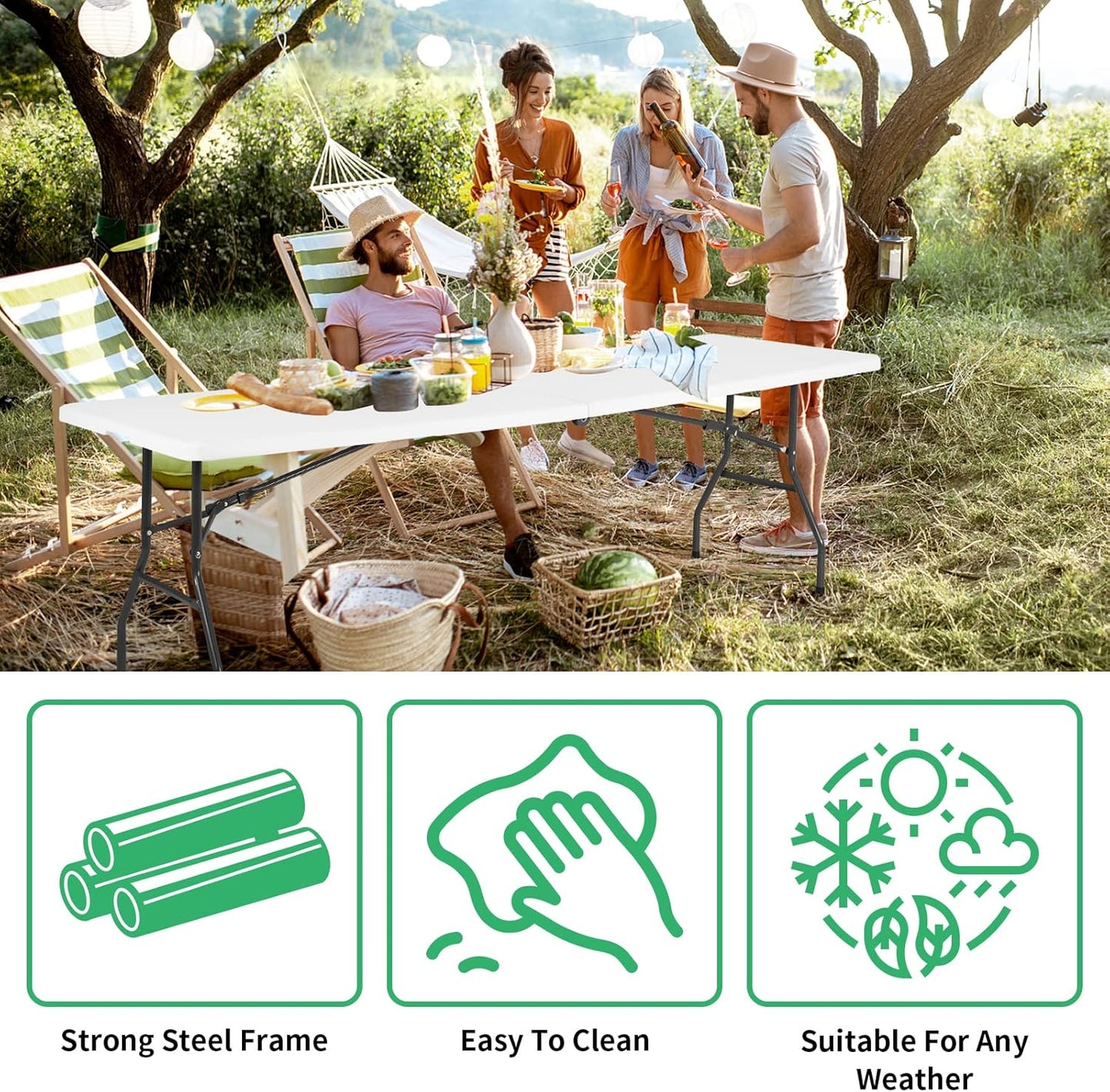 8FT Folding Table, Heavy Duty Foldable Table with Handle, Portable Fold-in-Half Utility Tables for Indoor & Outdoor Use Perfect for Camping BBQ Party Wedding Market Events, White