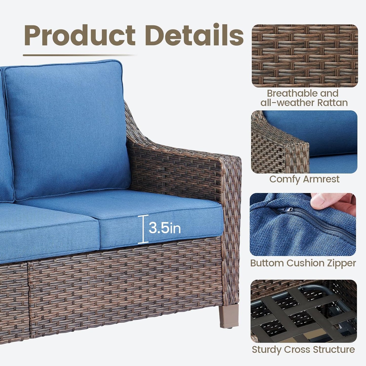 Outdoor Wicker Patio Furniture Set - 5 Piece Outside Rattan Conversation Bistro Sofa Sets with Wicker Chairs, 3-Seat Couch and Ottomans for Porch Balcony Yard Fireplace – Brown/Blue