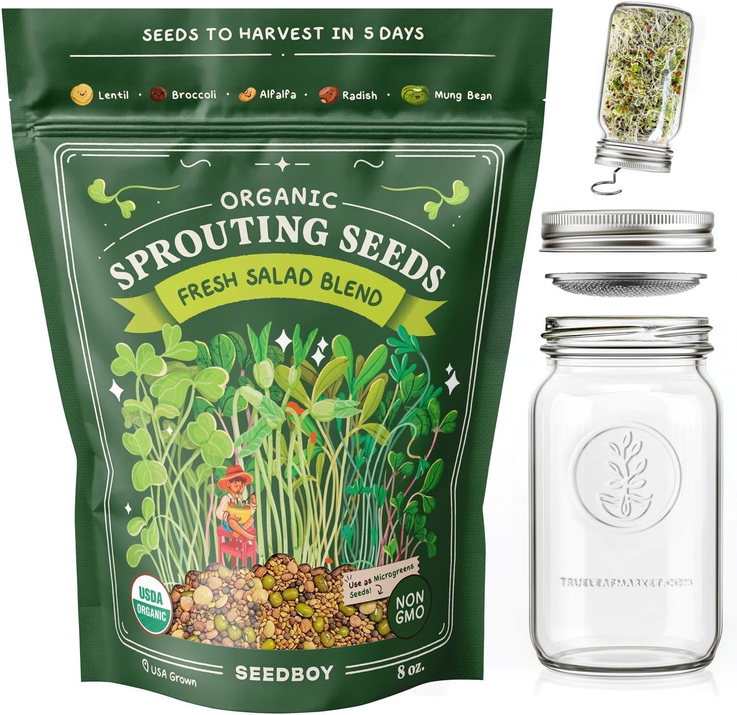 Seedboy Sprouting Kit Bundle - Sprouts Growing Kit with Jar, Lid, Stand and Organic Salad Blend Seeds (8 oz Bag, 24 Servings) - Non-GMO, USA Grown Microgreens - (Sprouting Jar/Salad Blend)