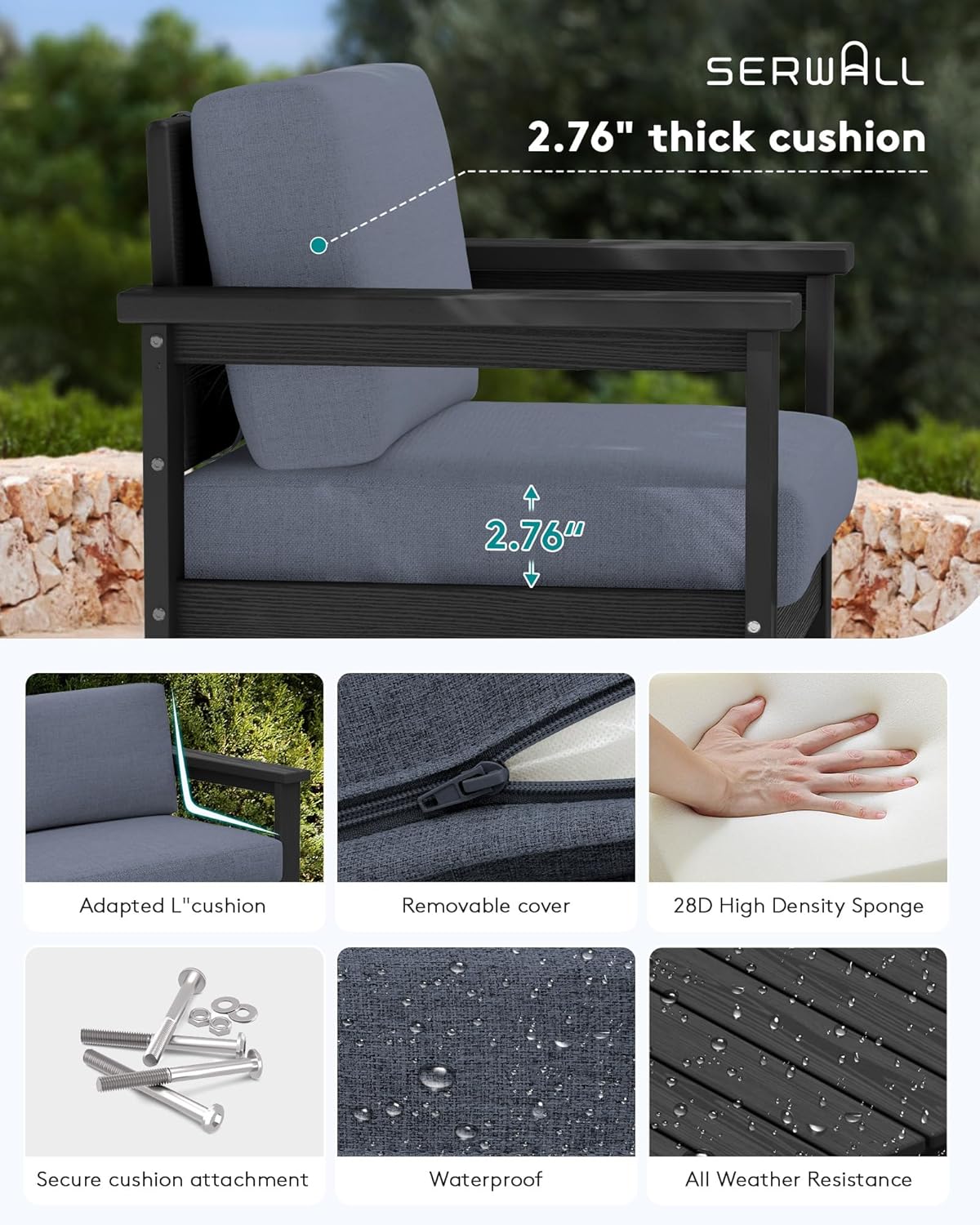 SERWALL 4 Pieces HDPE Outdoor Sofa Set with Cushion, All Weather Use Conversation Couch Set, Outdoor Loveseat Social Furniture with Coffee Table and Cushions, Black Frame with Grey Cushions