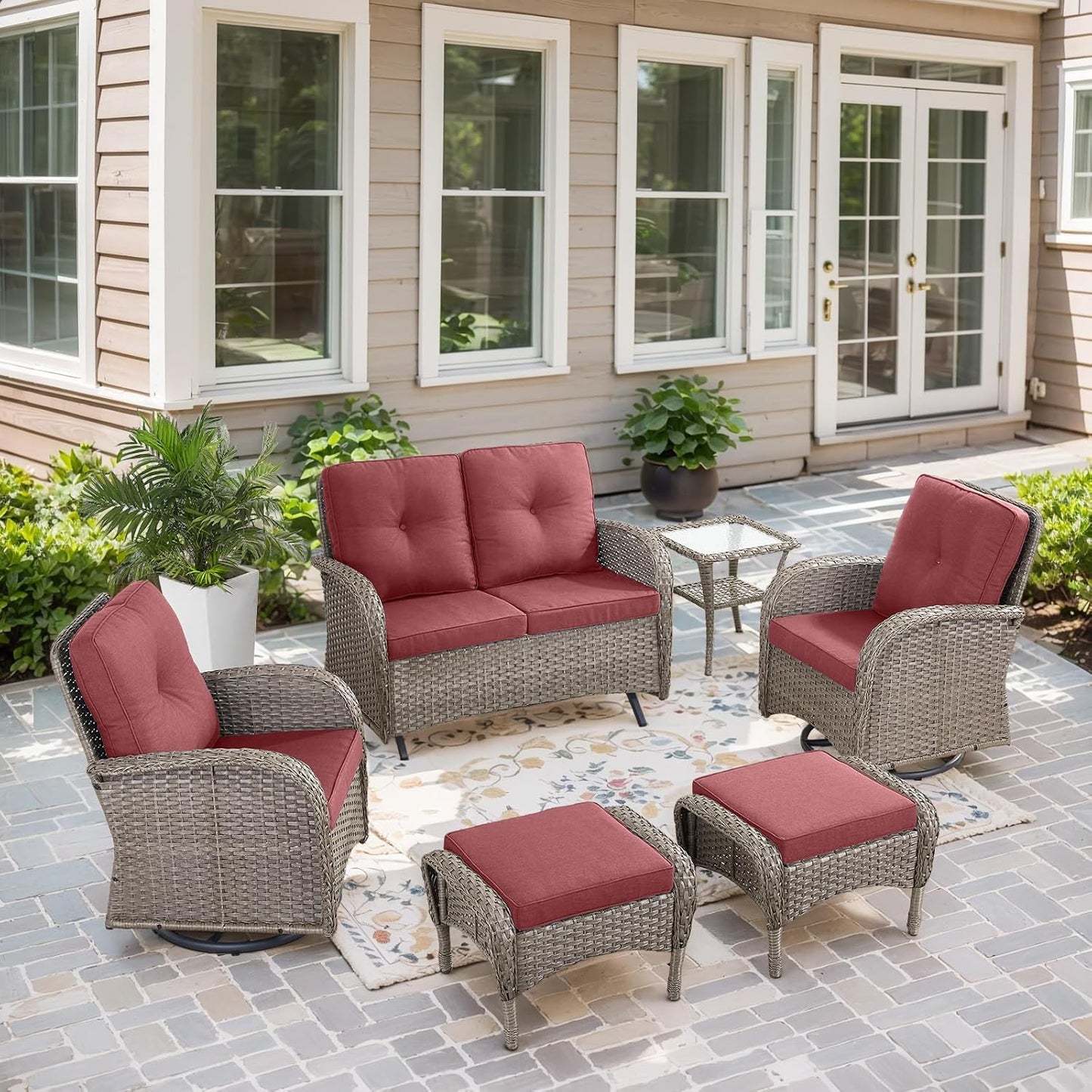 6 Pieces Wicker Patio Conversation Sets with Outdoor Swivel Rocker Chairs and Loveseat Glider Chair, All-Weather Rattan Furniture Set for Patio Deck Backyard Sunroom