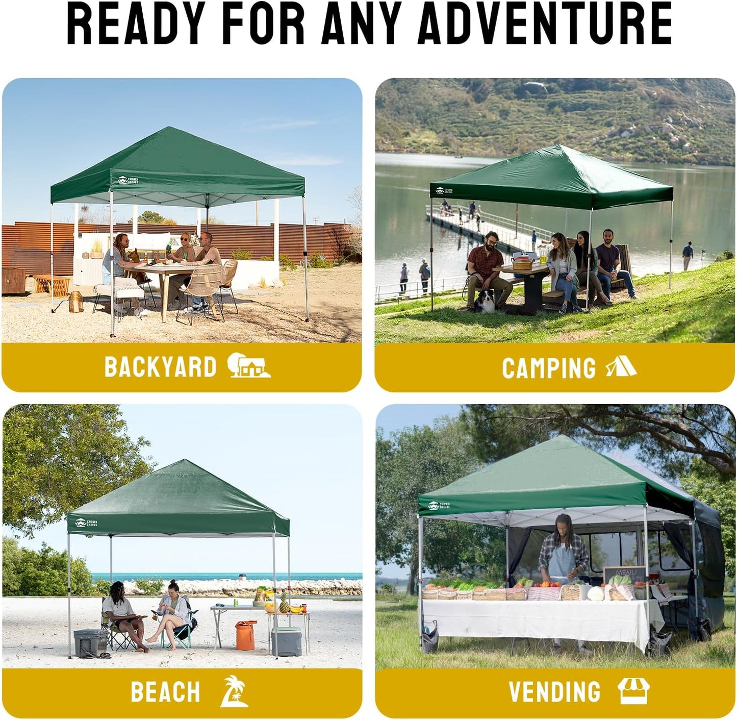 CROWN SHADES 8x8 Pop Up Canopy - Beach Tent with One Push Setup - Easy Outdoor Sun Shade for Events, Parties, Camping - Gazebo with STO-N-Go Cover Bag, Silver Coated Top, Forest Green