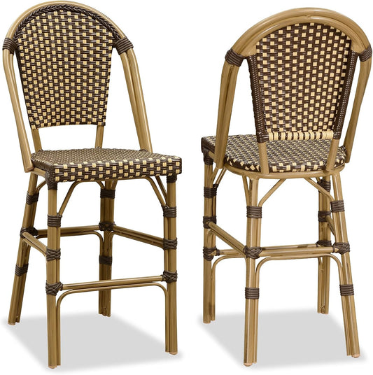 PURPLE LEAF French Counter Height Bar Stool Set of 2 25" Bamboo Print Finish Patio Bar Chairs with Back Rattan Bar Chairs French Bistro Set for Kitchen Outdoor Counter Stool Brown