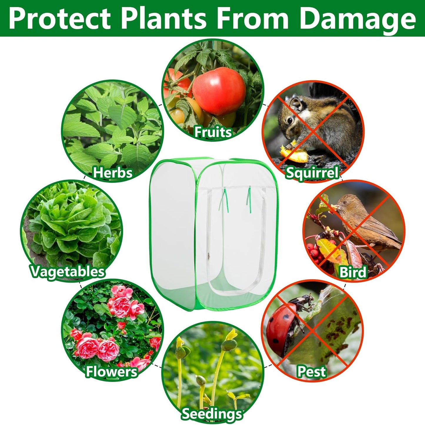 24" x 24" x 36" Pop Up Garden Mesh Plant Cover, Plant Protectors Mesh Plant Enclosure, Garden Net Cage Pest Protection Guard Tent with Storage Bag for Protect Plant Vegetable Fruit from Birds Insects