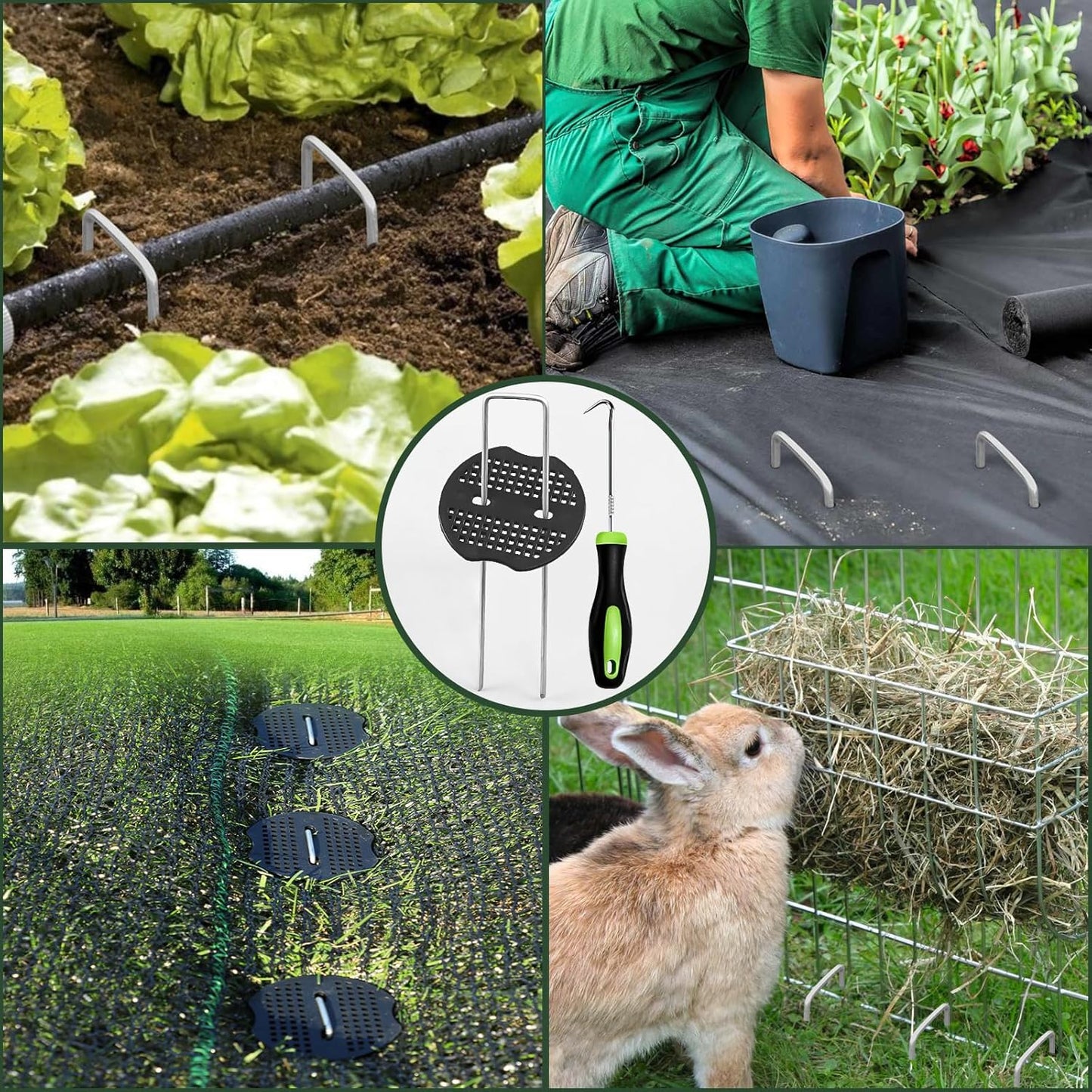 FEED GARDEN 6 Inch 200 Pcs Galvanized Landscape Staples 200 Pcs Gaskets Pick Hook Garden Stakes 11 Gauge Anti-Rust Landscaping Fabric SOD Pins U Shaped Yard Turf Stakes for Weed Barrier Fabric