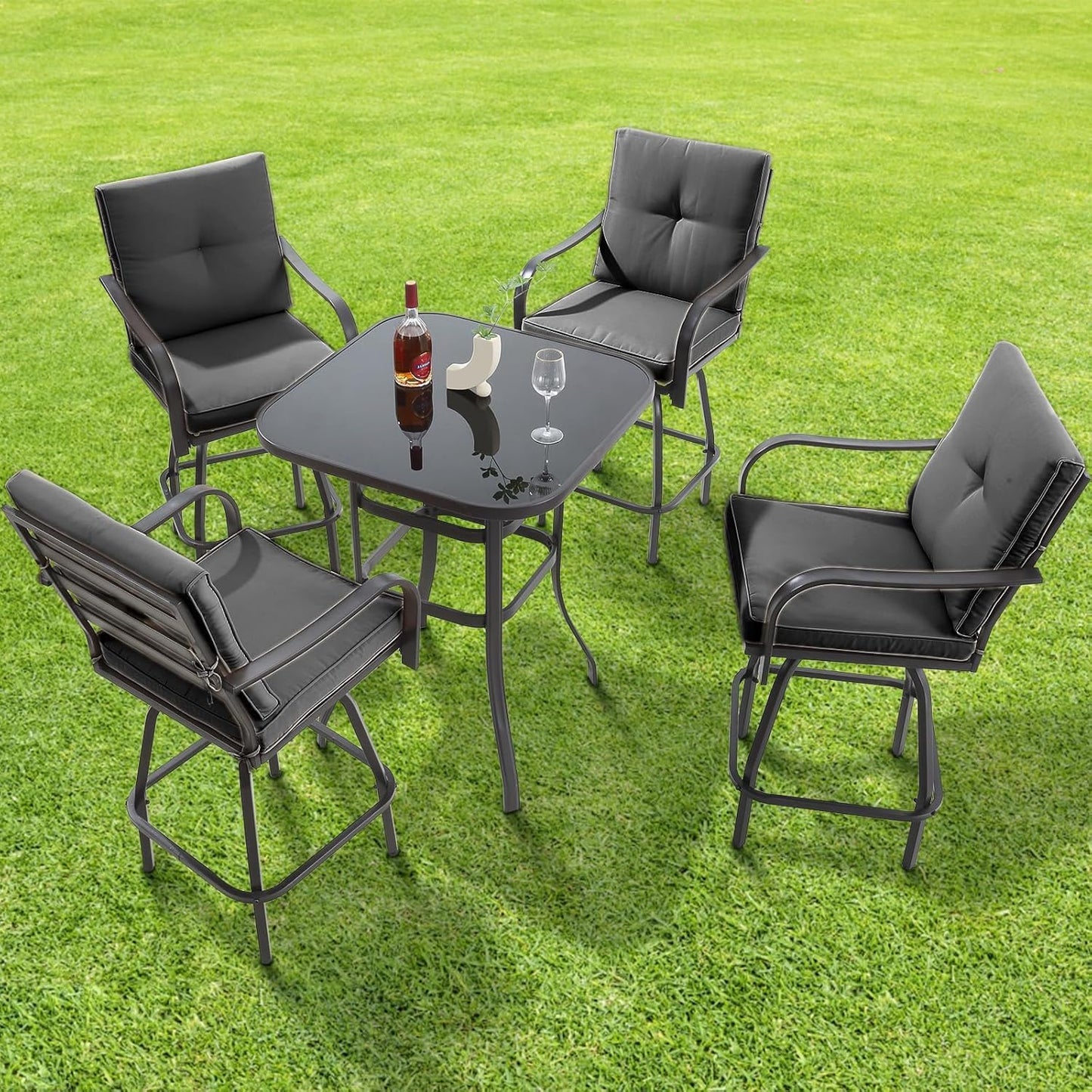 Patio Swivel Bar Stools, Outdoor High Back Swivel Bar Chair Set of 4 with Cushion & All Weather Steel Frame for Backyard, Lawn, Poolside and Balcony, Dark Gray