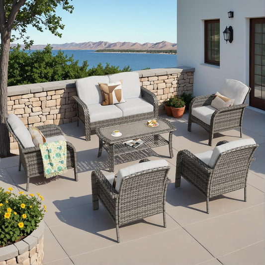 HOOOWOOO Patio Furniture Set,6 Pieces Outdoor Conversation Set,All Weather Wicker Loveseat Sofa Set with High Back Chairs Table,Light Gray