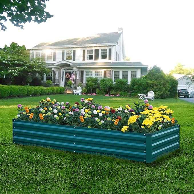 Raised Garden Bed Green, 8x4x1FT Garden box Outdoor for Gardening Vegetables Flower, Garden Raised Planter Box Large, Metal Raised Bed