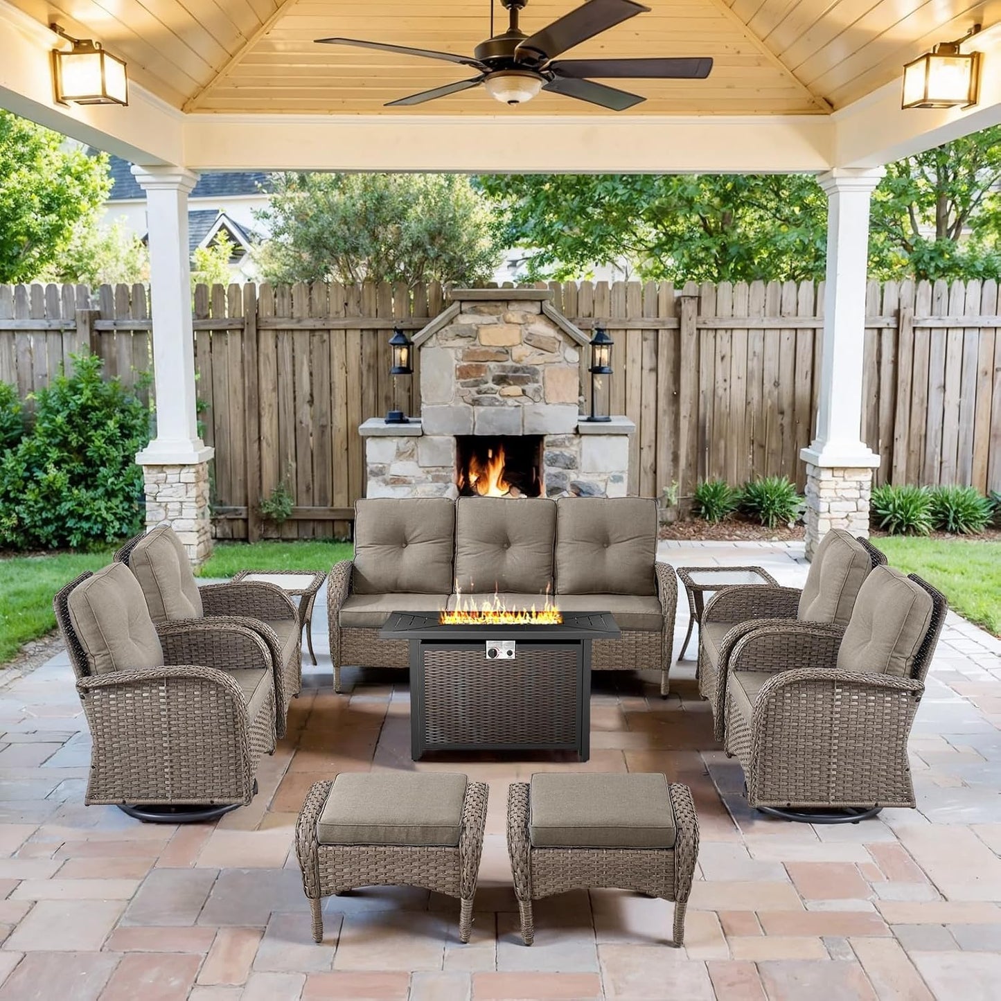 Expansive 10 Pieces Outdoor Patio Furniture Set with 43” Propane Fire Pit Table, Patio Conversation Set with Swivel Rocker Outdoor Chairs Set of 4 and Sofa, Ottoman and Wicker Side Table Gray