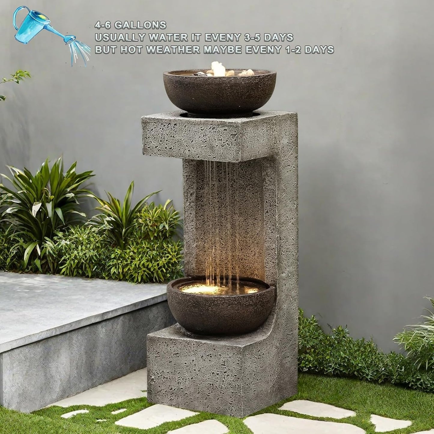 33.9" Waterfall Fountain Outdoor with LED Lights – Modern Rain Curtain Resin Garden Waterfall and Fountains, Bowl Design Outdoor Water Feature for Patio, Porch, Backyard, Lawn & Home Decor