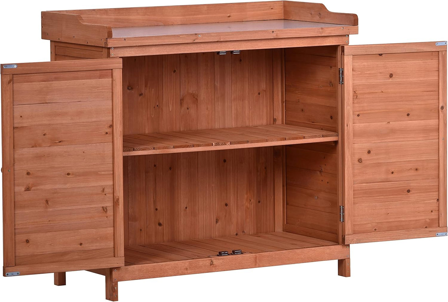 Merax Outdoor 39" Potting Bench Table, Rustic Garden Wood Workstation, Storage Cabinet with 2-Tier Shelves and Side Hook, Orange