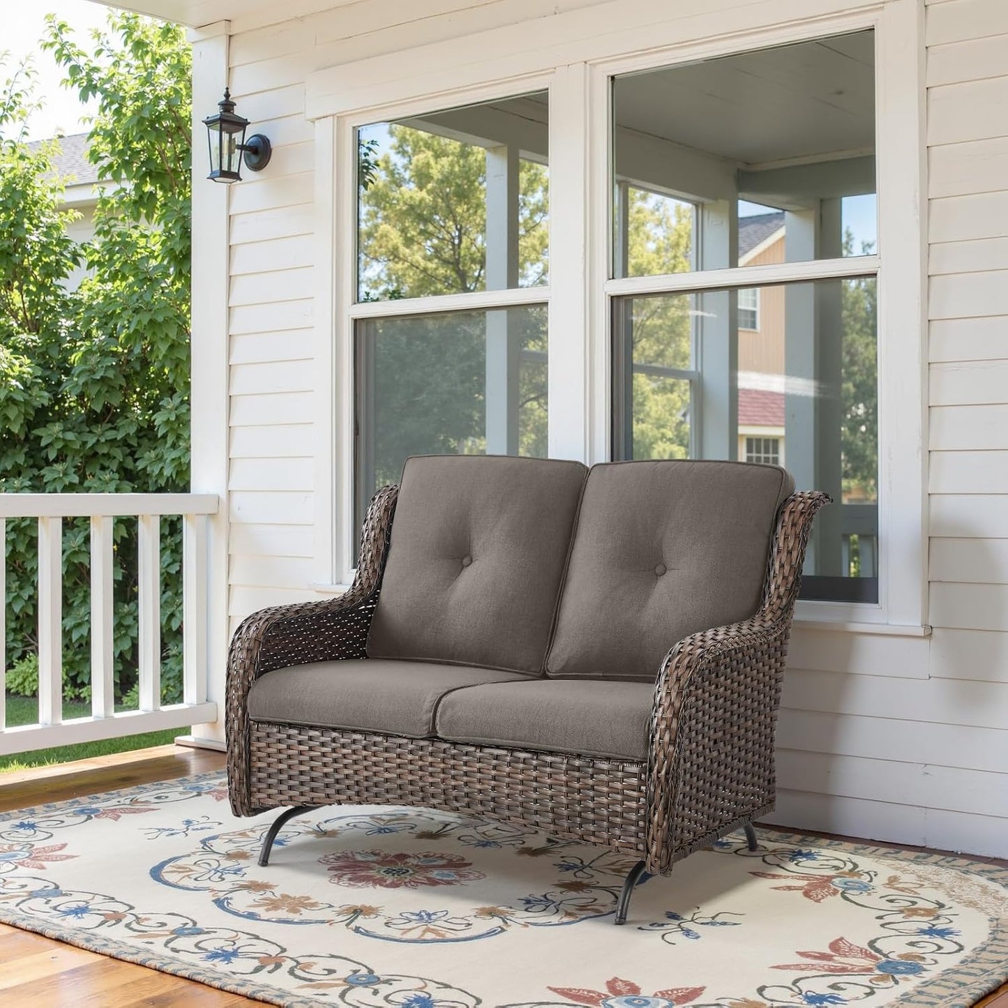Spacious Outdoor Glider Bench - 500 LBS Weight Capacity Small Loveseat, 2 Seater Patio Gliders Furniture All Weather Wicker Couch with Removable Cushion for Deck Sunroom Balcony Backyard