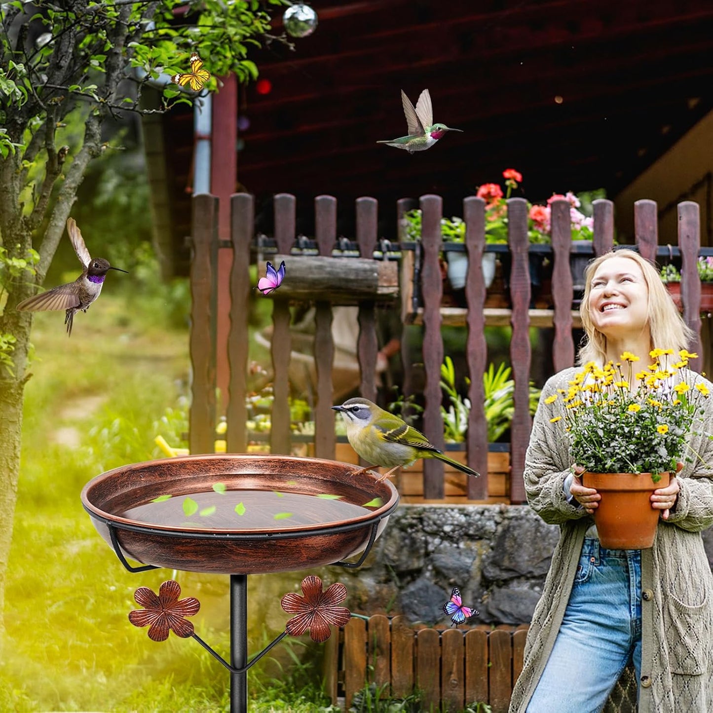 Metal Bird Bath for Outside, Freestanding Birdbaths Bowl Outdoor with Iron Stake, Vintage Spa Birdfeeder Feeder Bowl for Garden Patio Yard Lawn Decor, Easy to Clean