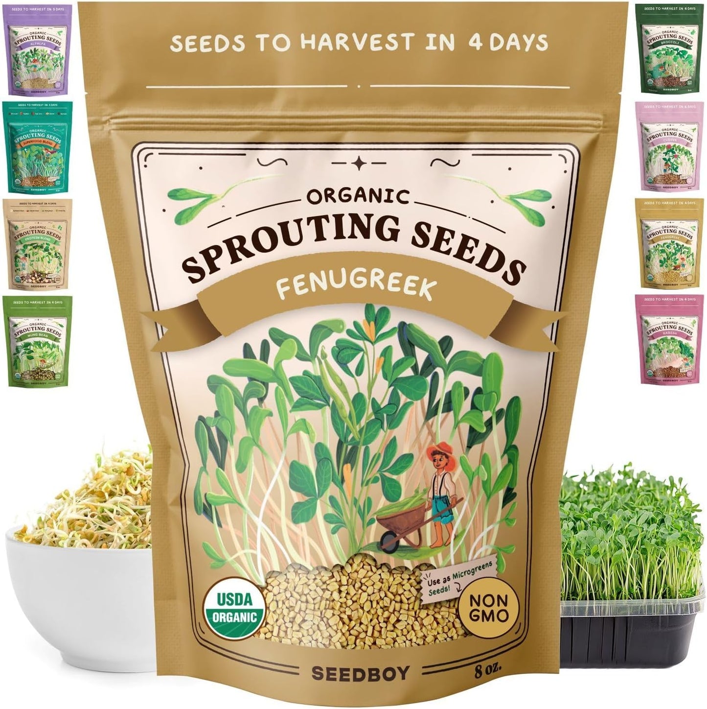 Seedboy Organic Fenugreek Seeds for Sprouting - Non-GMO, USDA Organic Microgreens Sprouting Seeds Mix - Makes 8 Quarts of Sprouts, 24 Servings (8 oz) (Fenugreek)