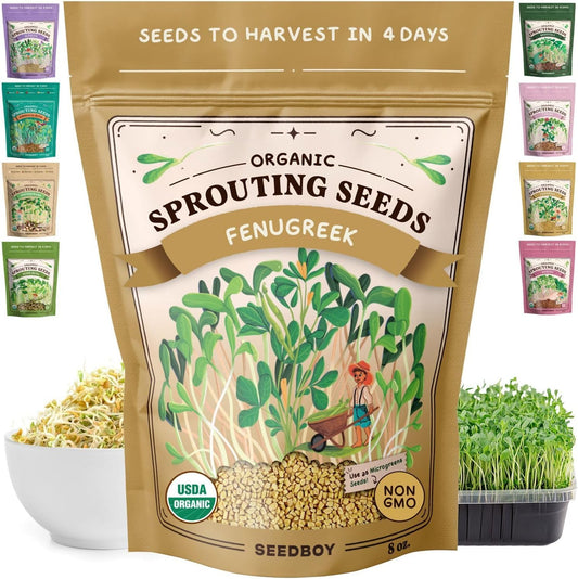 Seedboy Organic Fenugreek Seeds for Sprouting - Non-GMO, USDA Organic Microgreens Sprouting Seeds Mix - Makes 8 Quarts of Sprouts, 24 Servings (8 oz) (Fenugreek)