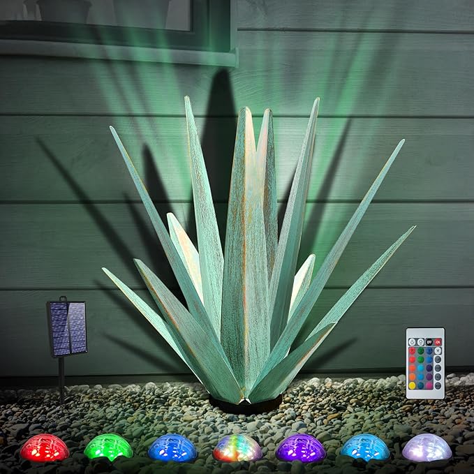Large Tequila Rustic Sculpture, Rustic Metal Agave Plants for Outdoor Patio Yard, Home Decor Hand Painted Metal Agave Garden Yard Statue, Outdoor Lawn Ornaments (Mint Green - L (W/ Solar Light))