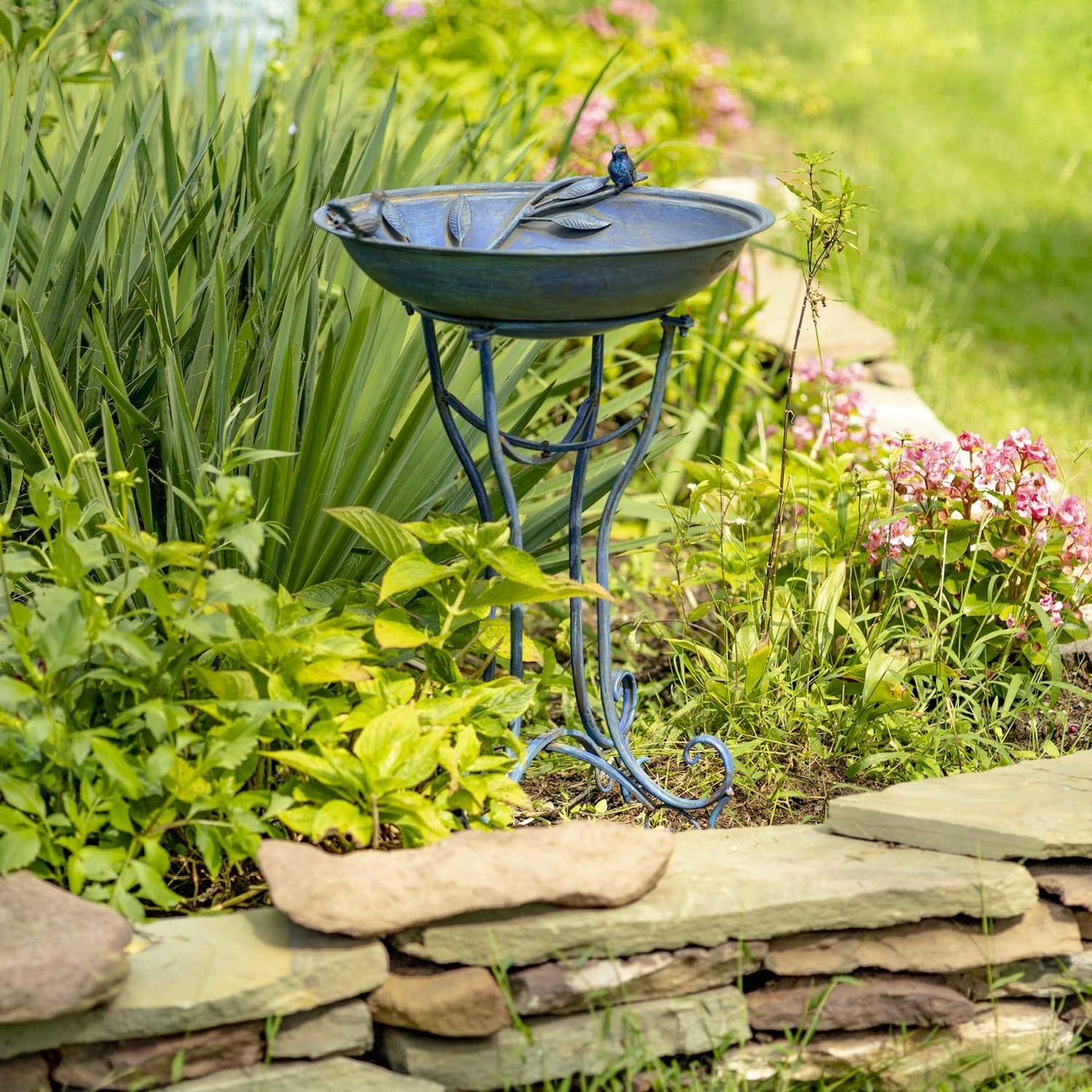Zaer Ltd. Deep Well Made Metal Birdbath with 2 Cast Iron Birds and Leaf Decoration (Frosted Blue)