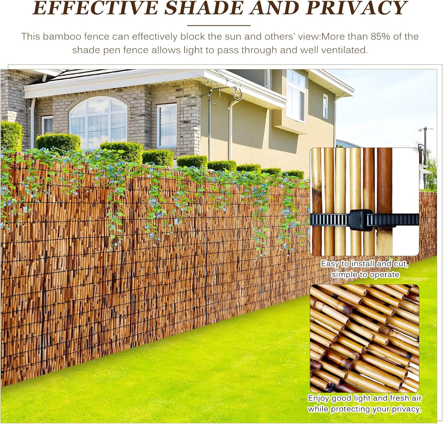 Natural Reed Fencing Rolls: Privacy Bamboo Fence 3/4/5/6ft High Roll Reed Screen, Decorative Bamboo Fencing for Outdoor Balcony Patio Garden Backyard,with Cable Zip Ties(Coffee, 4x16.4ft)