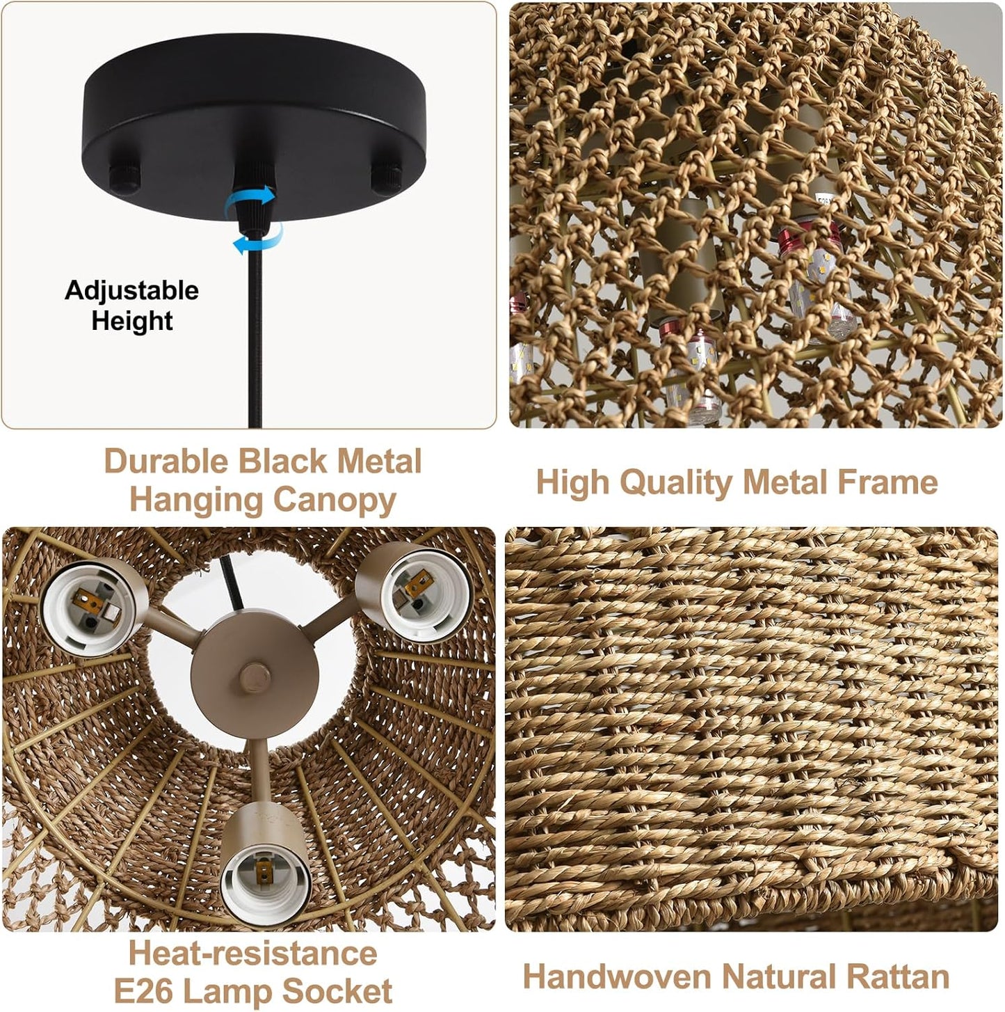 18.9" Rattan Chandelier, Coastal Large Pendant Light,Boho 3-Light Wicker Hand-Woven Seagrass Pendant Lighting Ceiling Hanging,for Kitchen Islands, Dining Rooms, and Farmhouses.