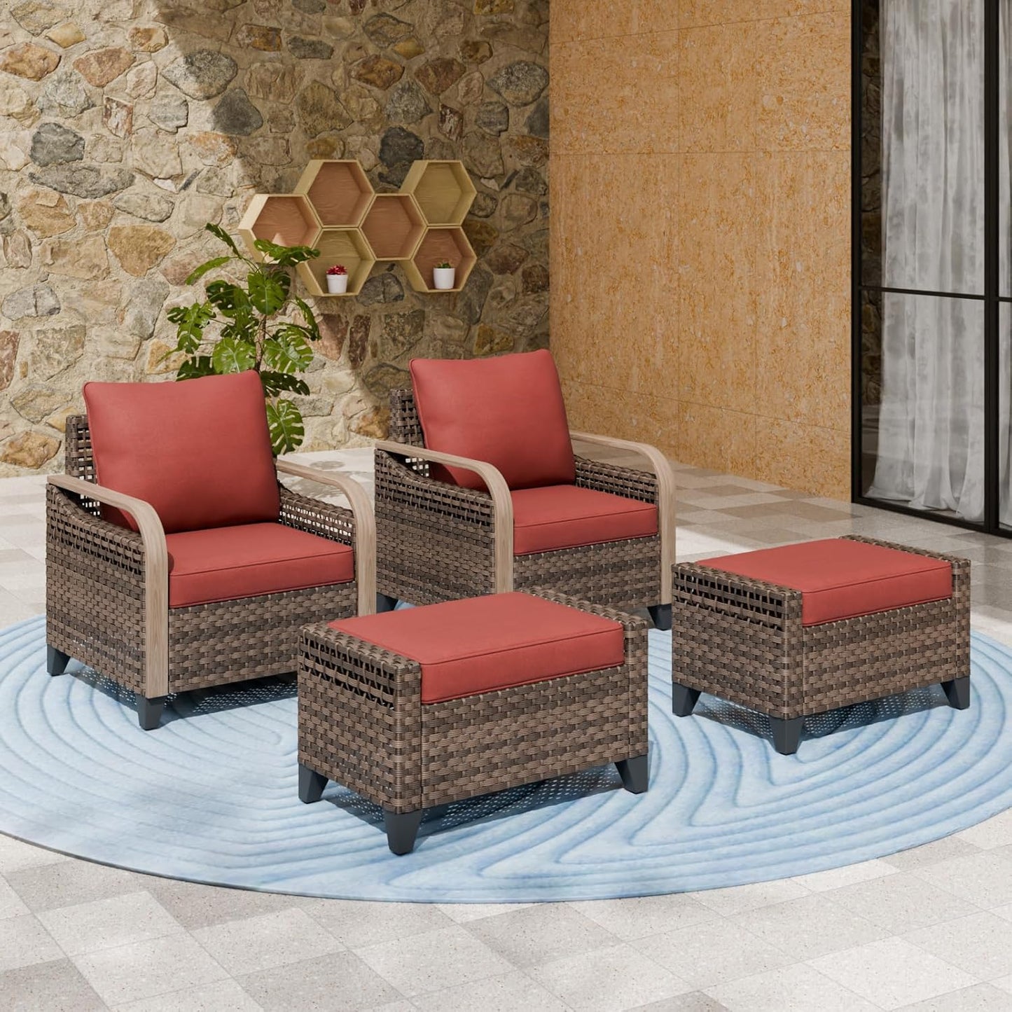 EAGLE PEAK Modern Wicker Outdoor Chair, Patio Chair Curved Armrest, Rattan Patio Furniture for Yard Deck Porch Garden, 2 Chairs 2 Ottomans, 4 Pieces, Brown/Red
