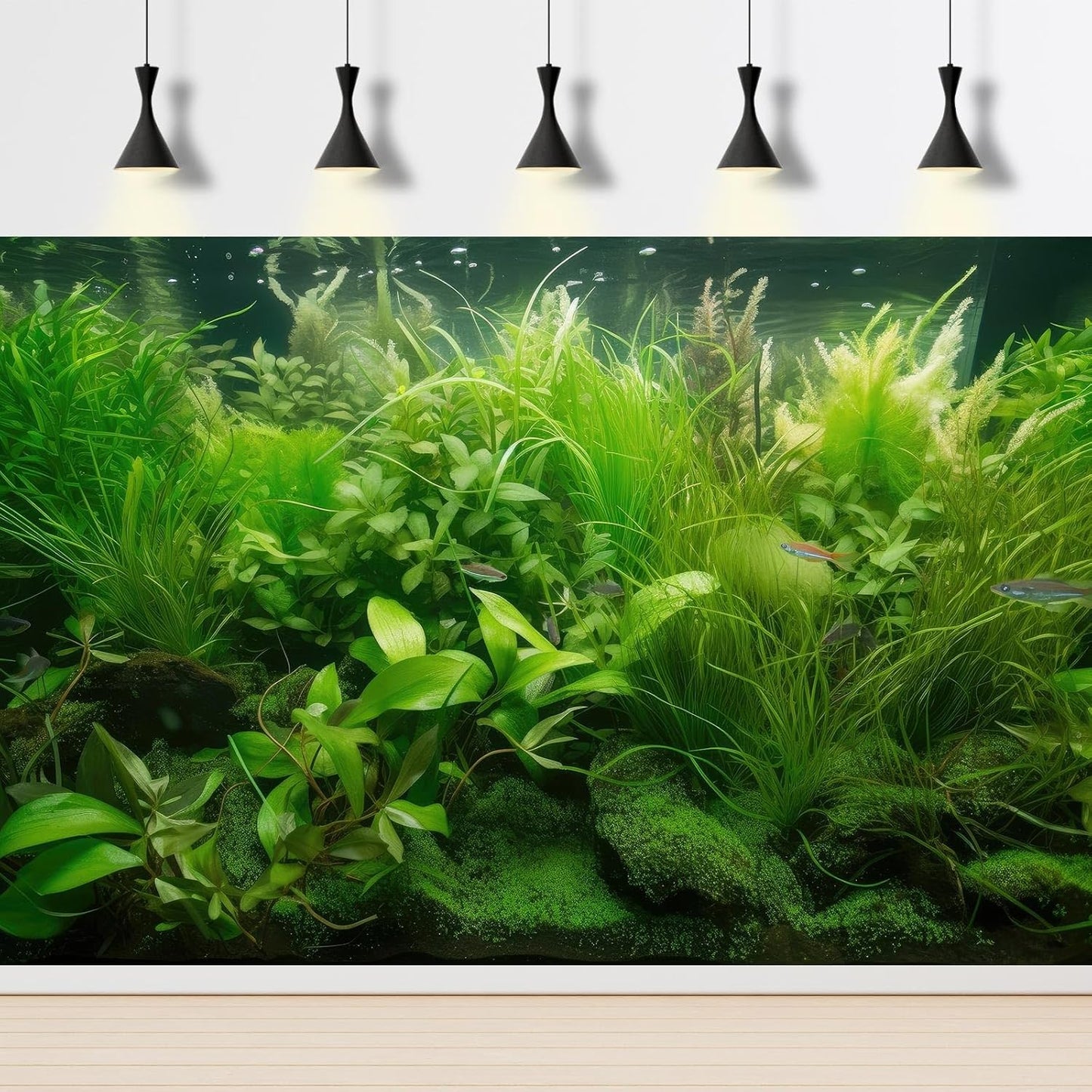Aquarium Background Diverse Collection of Aquatic Plants Seagrasses Terrarium Background Redwood Root Moss Tropical Style Underwater Lush Green Plants Fish Tank Background Wallpaper Poster 48x20in