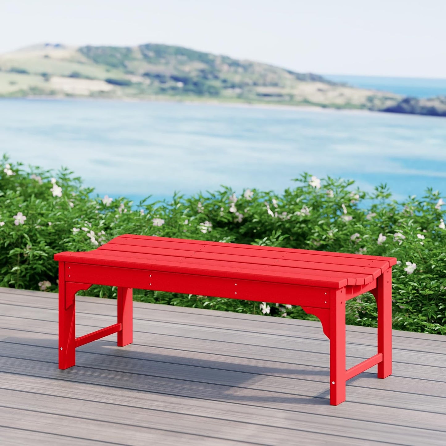 WestinTrends Malibu Outdoor Bench, All Weather Resistant Poly Lumber Backless Patio Garden Bench, Adirondack Curved Bench Seat for Comfort, Red