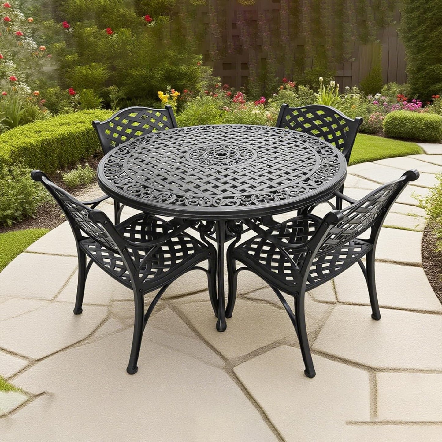 5 Pieces Cast Aluminium Patio Dining Set for 4-6 Person,Round 48" Patio Table and Chairs Set of 4 with 2.3" Umbrella Hole,Outdoor Patio Furniture Dining Set for Porch Backyard Deck, Black