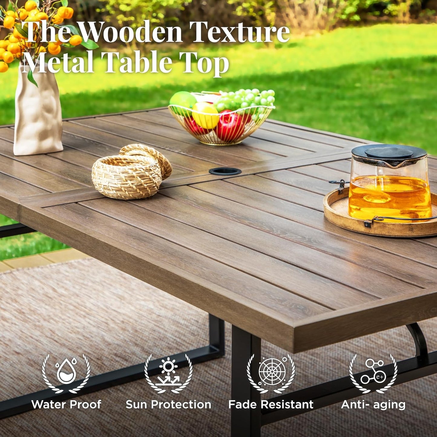 Outdoor Patio Dining Table for 6, Teak Rectangle Patio Table with Umbrella Hole, E-Coating and Powder Coating Steel Frame Metal Table for Garden Backyard Lawn Yard