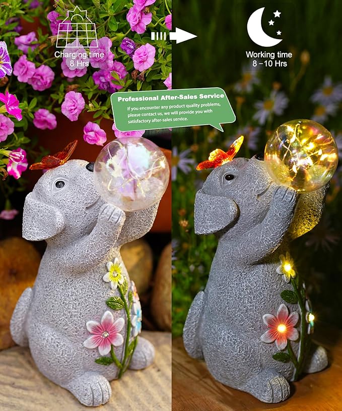 Solar Funny Dog Statue for Garden: Outdoor Sculptures with Ball Lights and Butterfly Clearance Lawn Ornaments Yard Porch Patio Balcony - Gifts for Mom Grandma