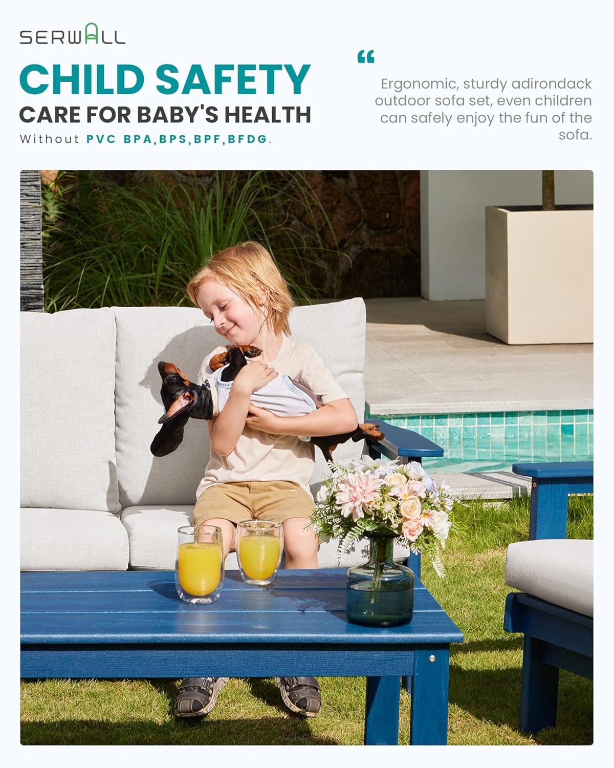 SERWALL HDPE Outdoor Patio Loveseat, Blue Frame and Khaki Cushion