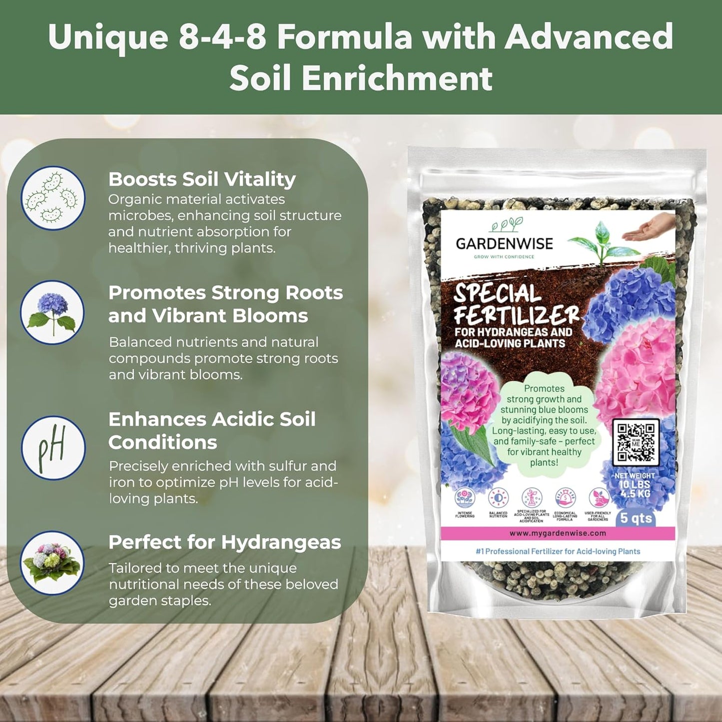 Slow Release Hydrangea Fertilizer with Iron & Sulfur – Indoor & Outdoor Soil Acidifier for Miracle Growth (4 qt)