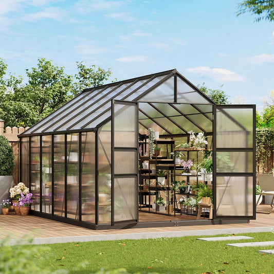8x12 FT Polycarbonate Greenhouse,Large Walk-in SturdyOutdoor Aluminum Frame Greenhouse with Roof Vent, Lockable Push Door,for Garden, Backyard, Patio & Lawn(Black)