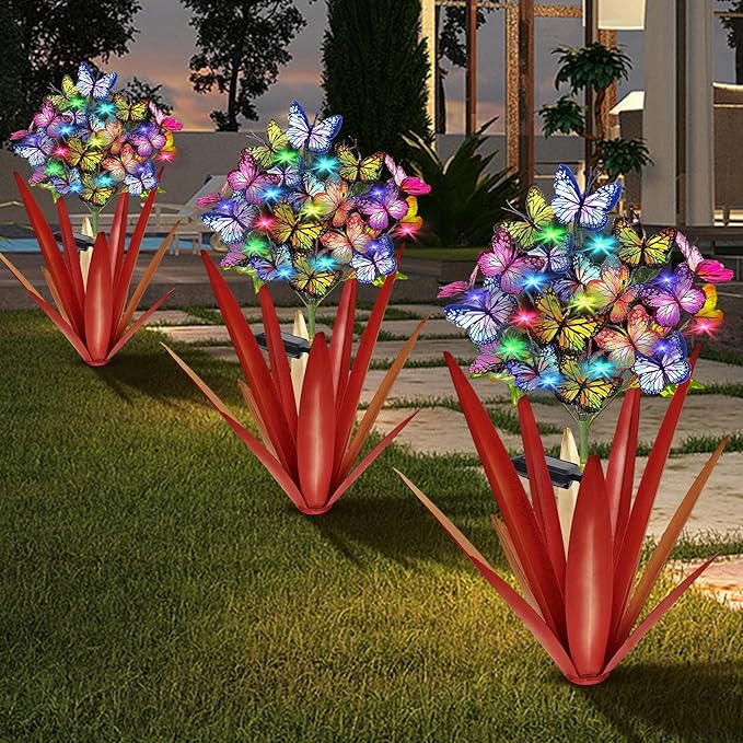 Homight Solar Metal Agave Butterfly Flower Stick Garden Sculpture - Outdoor Gift, Christmas Lights - Swaying Butterfly Garden Lights - Solar Outdoor (3 PCS RED)