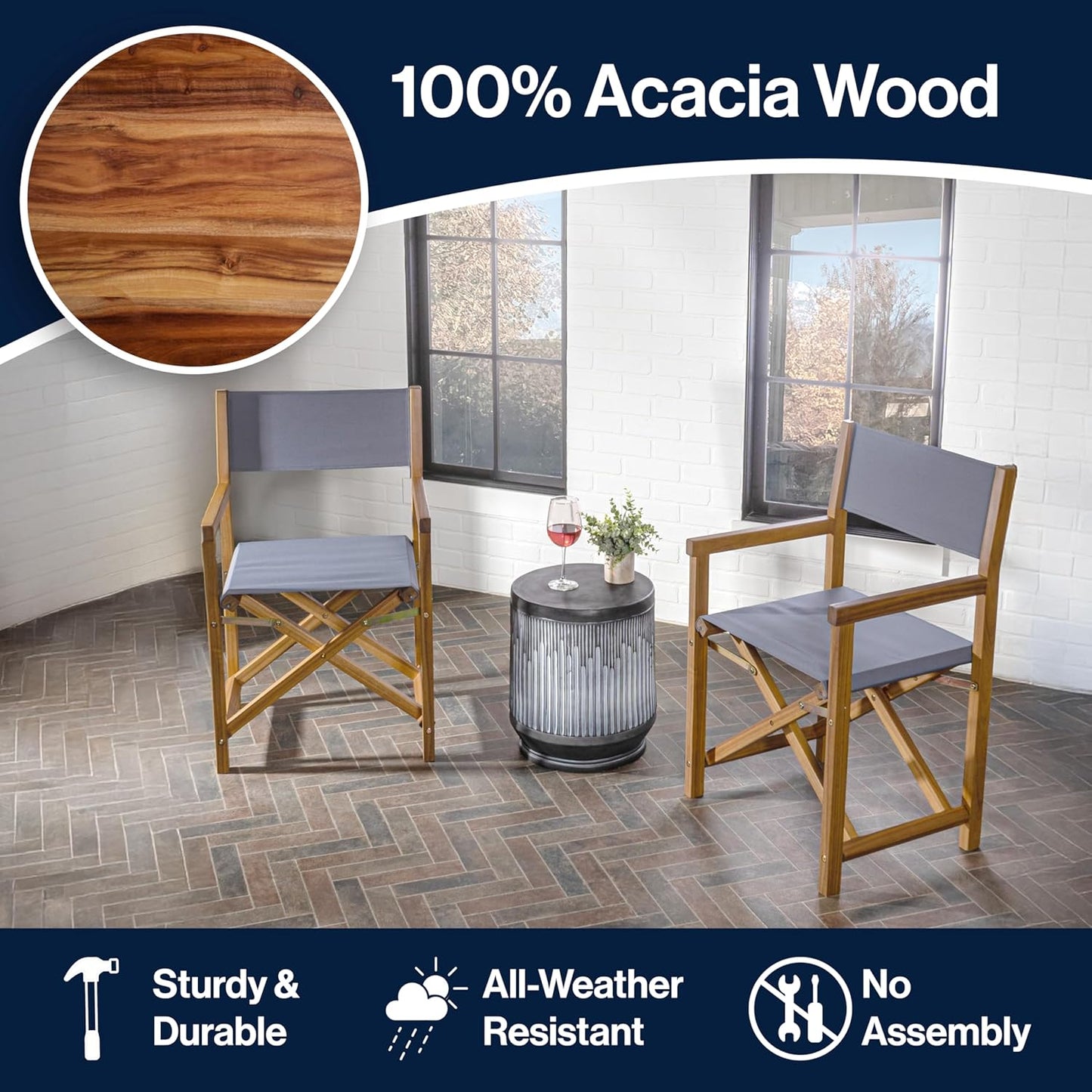 JONATHAN Y DRC1000A-SET2 Cukor Classic Vintage Outdoor Acacia Wood Folding Director Chair with Canvas Seat Mid-Century, Modern, Traditional, Bohemian, Coastal, Minimalist, Gray/Teak Brown (Set of 2)