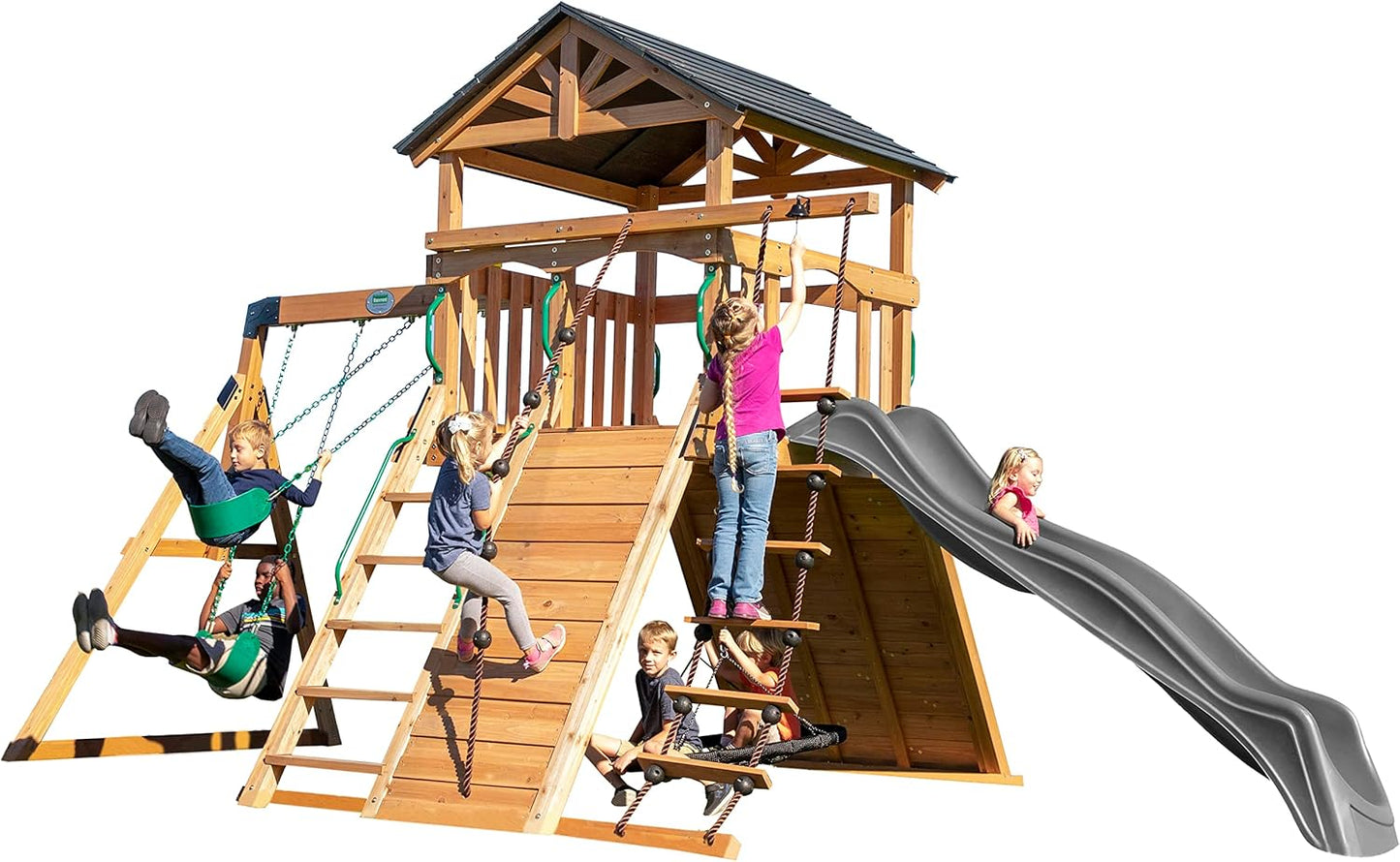 Backyard Discovery Endeavor Cedar Wood Swing Set with Wave Slide, Play Deck, Double Rock Wall, Rope Ladder, Climbing Wall, Belt Swings, 40-Inch Web Swing, Step Ladder, Toy Telescope, Outdoor Playset