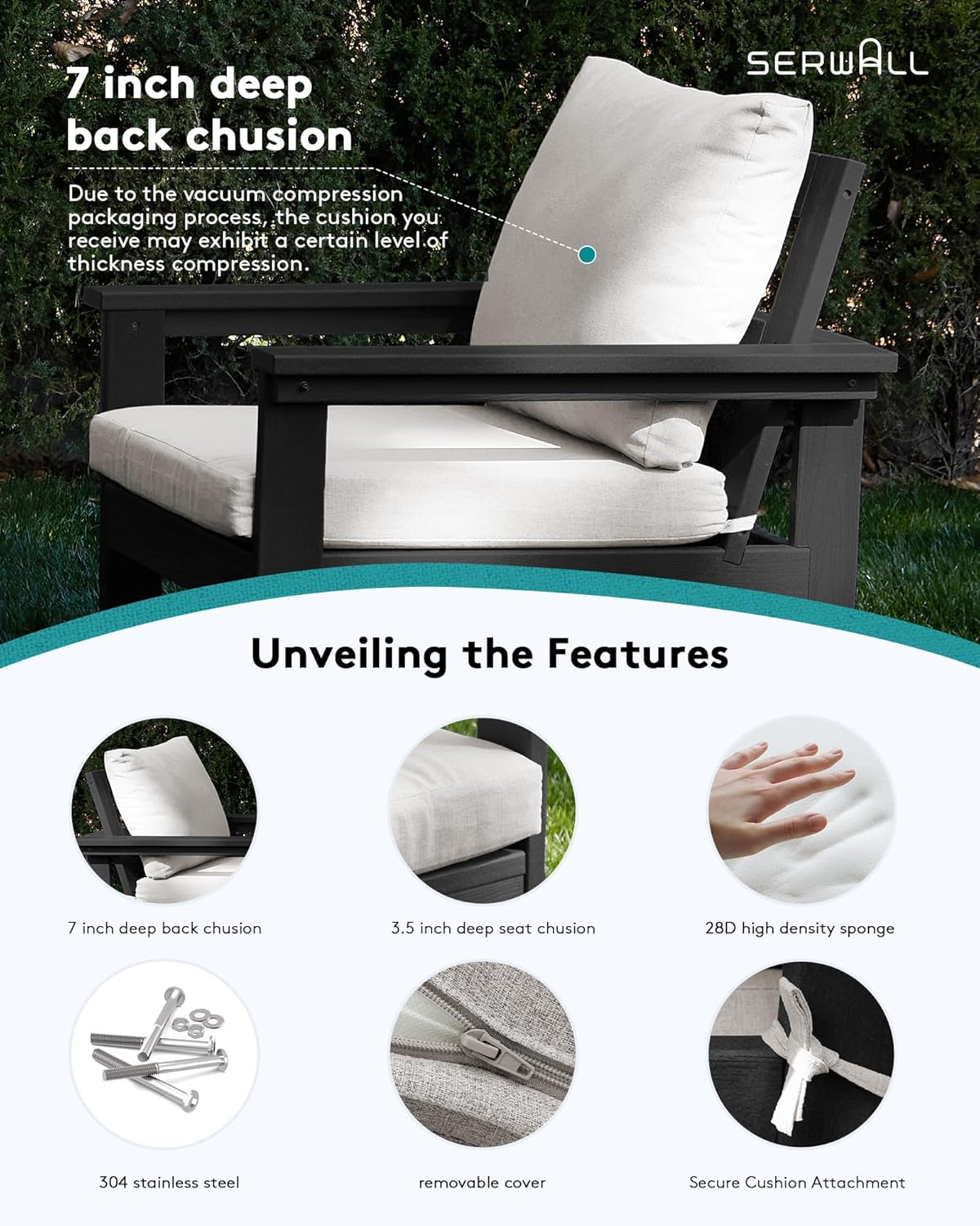 SERWALL HDPE Patio Sofa Set, 3-Piece Sectional Outdoor Furniture Set, All Weather Outdoor Couch Set Patio Furniture Set for Deck, Lawn, Black Frame with Khaki Cushion