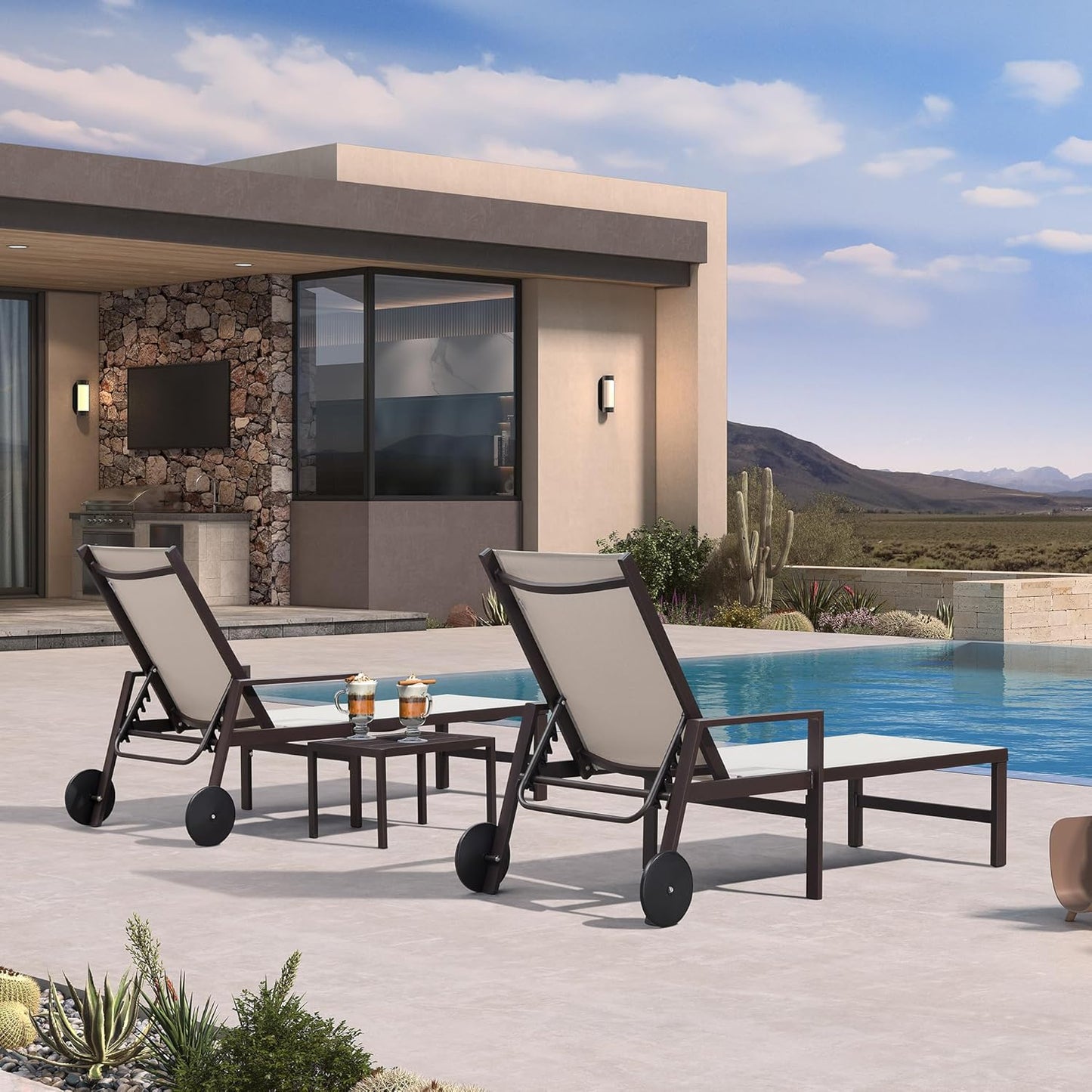 PURPLE LEAF Pool Lounge Chairs Set of 3 Aluminum Outdoor Lounge Chairs with Wheels and Armrests Adjustable Patio for Deck Outside Lawn Garden, Linen