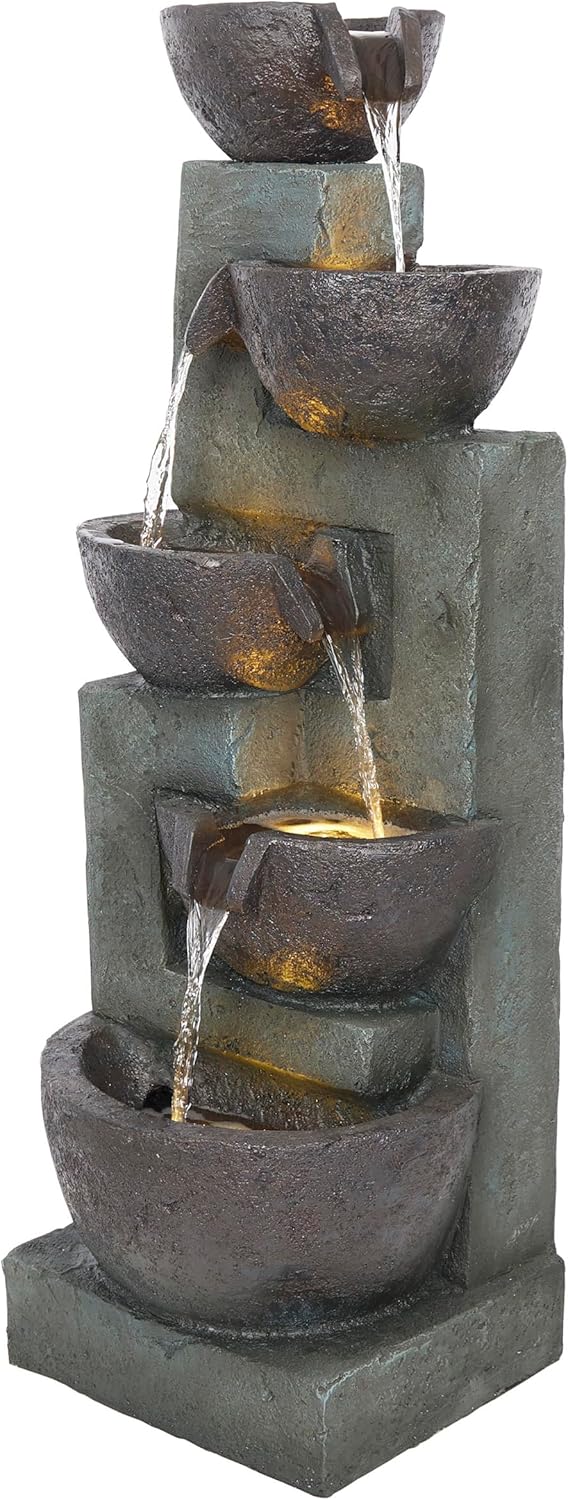 Alpine Corporation TZL390 Elegant Outdoor 5 Tier Bowls Waterfall Fountain with LED Lights for Garden, Patio, Yard, and Outdoor Spaces, Relaxing Cascading Fountain, 39" H, Gray