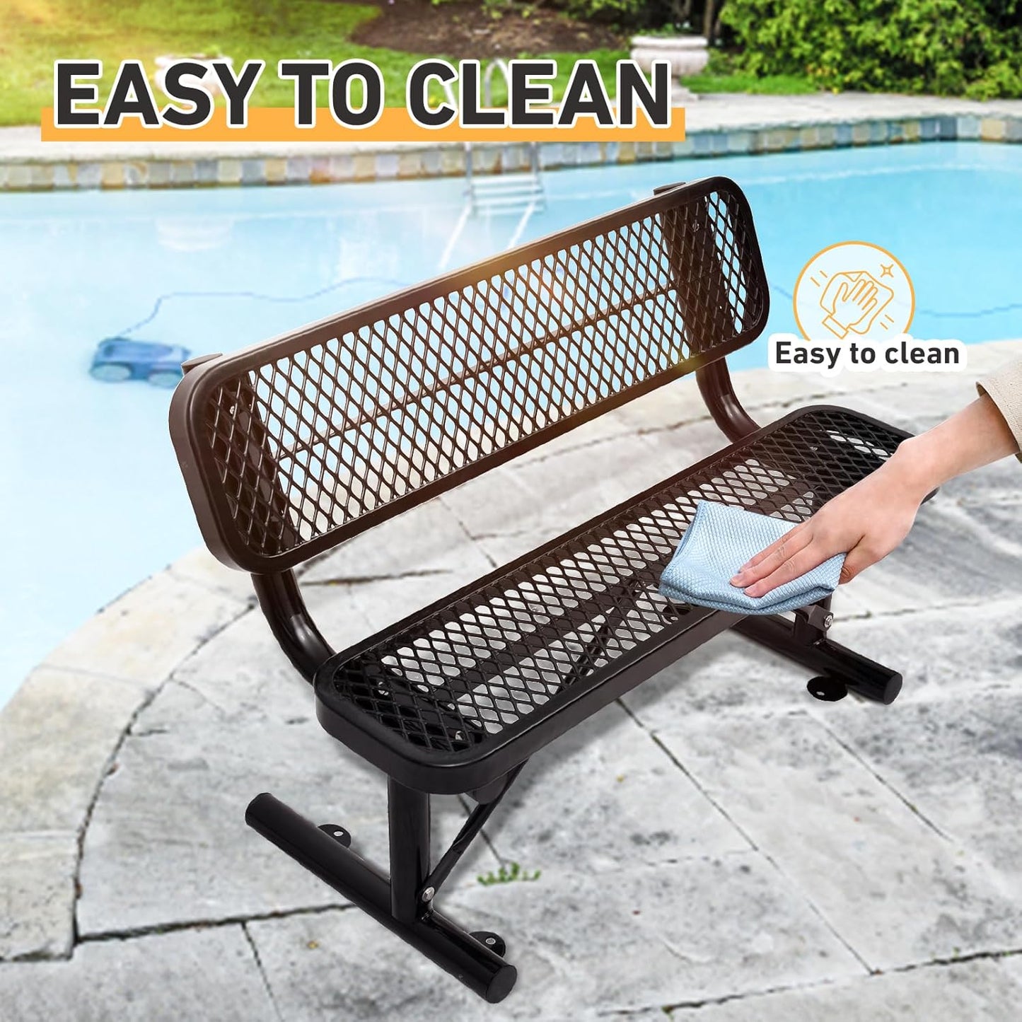 Drexo 4FT Heavy Duty Park Bench with Back Portable Frame, Outdoor Metal Park Bench with Backrest, Steel Mesh Outdoor Bench for Garden, Lawn, Patio, Porch, Park, Yard, Black