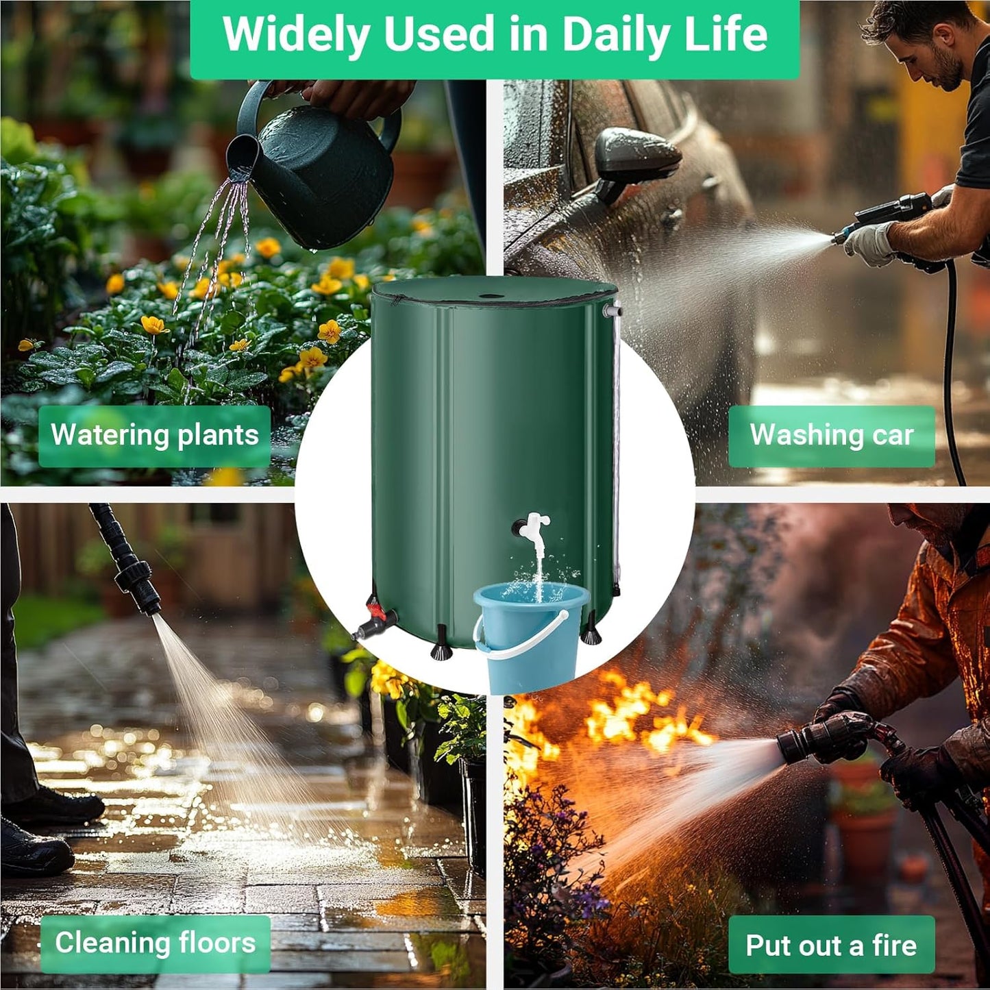 132 Gallon / 500L Collapsible Rain Barrel, Foldable PVC Water Barrels to Collect Rainwater from Gutter, Portable Water Collection System with Hose Spigot, Garden Water Catcher Collector Green