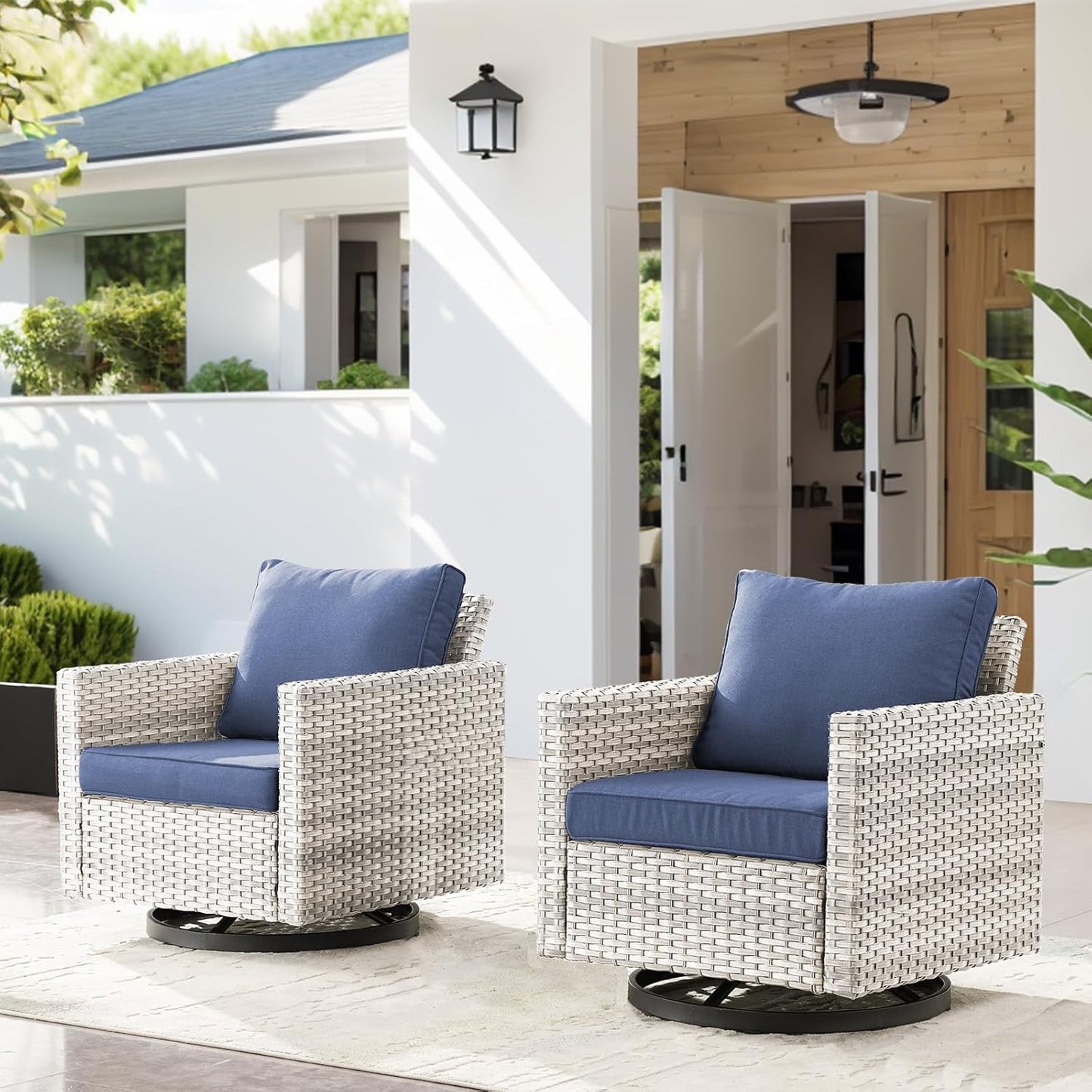 HUMMUH Patio Swivel Chairs Set of 2,PE Wicker Outdoor Rocker Chairs Bistro Set Porch Balcony Furniture with Cushions