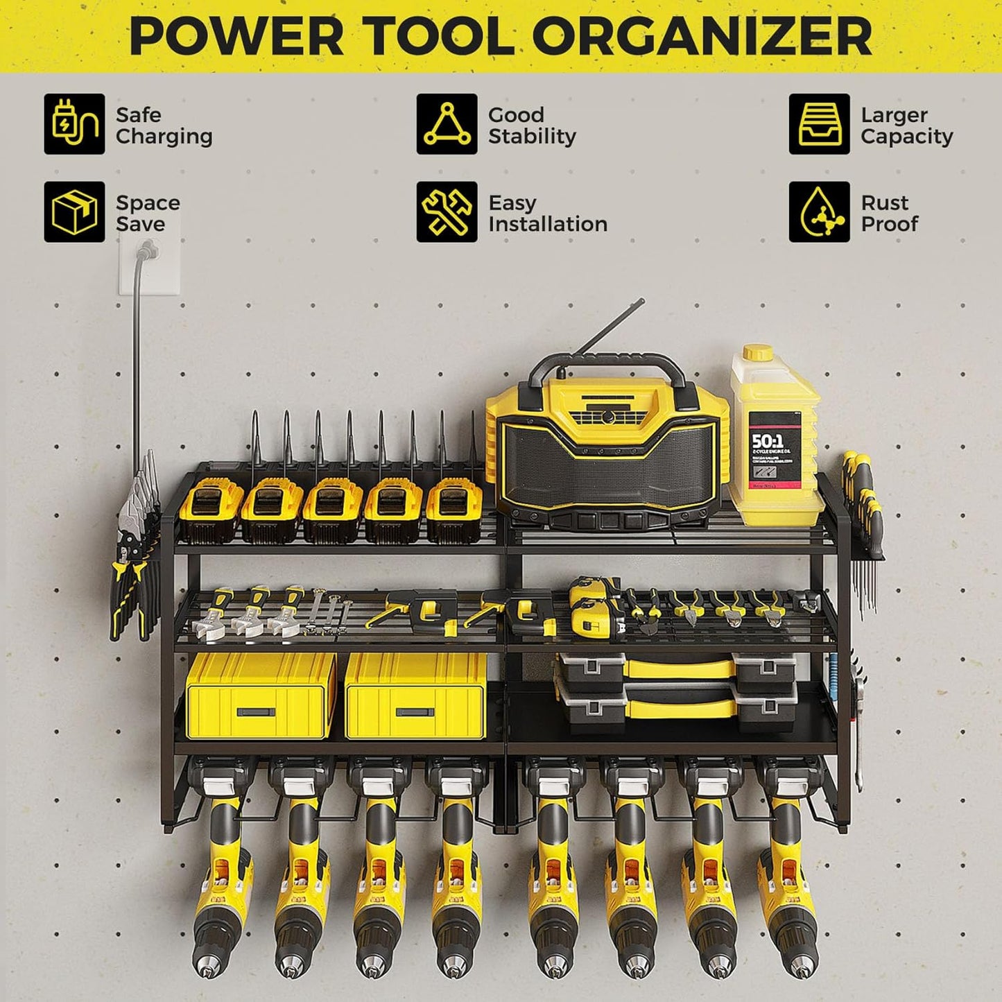 2 Pack Power Tool Organizer Wall Mount with Charging Station, 8 Outlet Power Strip & 4 Layers Storage Rack with 8 Drill Holders for Cordless Tools, Heavy Duty Utility Racks for Garage Workshop
