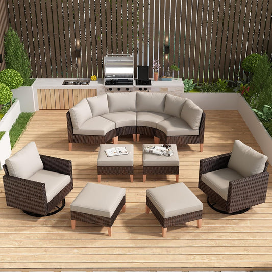 HUMMUH 10 Pieces Patio Furniture Set,Outdoor Half-Moon Modular Sectional Couches Swivel Patio Chairs with Ottomans,All Weather PE Wicker Patio Conversation Sets for Garden Porch Backyard