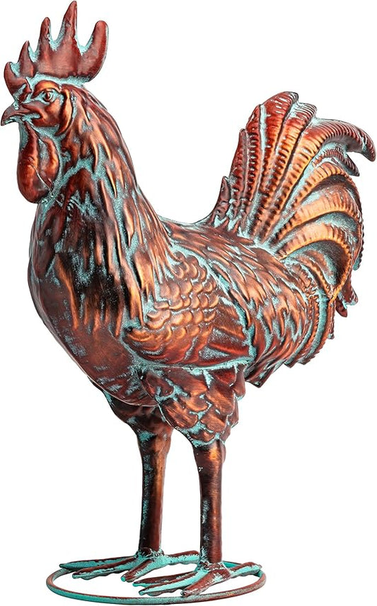 Garden Rooster Statues,15.7" L x 18.8" H Outdoor Metal Chicken Figurines,Antique Copper Chicken Sculptures & Statues Ornaments,3D Large Yard Rooster Decor for Home Kitchen Patio Farm