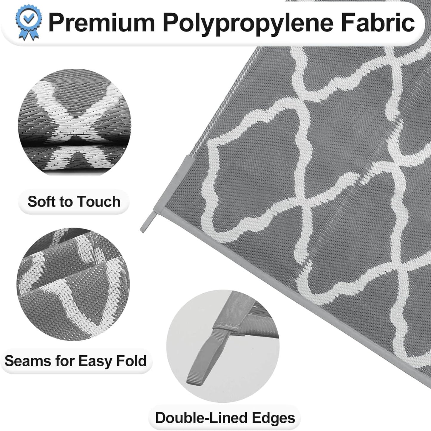 OutdoorLines Outdoor Plastic Area Rugs for Patio 6x9 ft - Reversible Outside Carpet, Stain & UV Resistant RV Mats, Straw Rug for Camping, Deck Garden, Porch and Balcony, Moroccan Grey & Light Grey